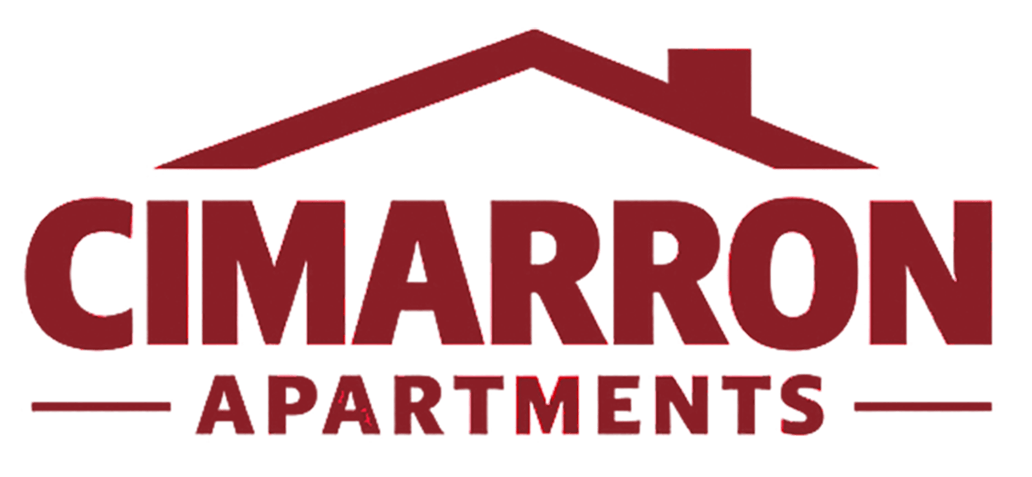 The image is a logo for Cimarron Apartments, featuring a red house shape above the company name.